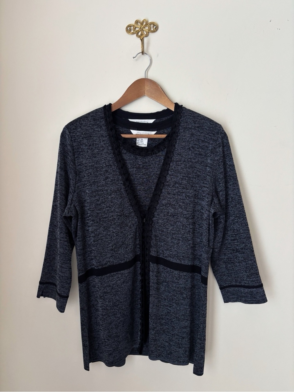 Misook Cardigan & Tank Top Set Black Embroidered Spacedye Small